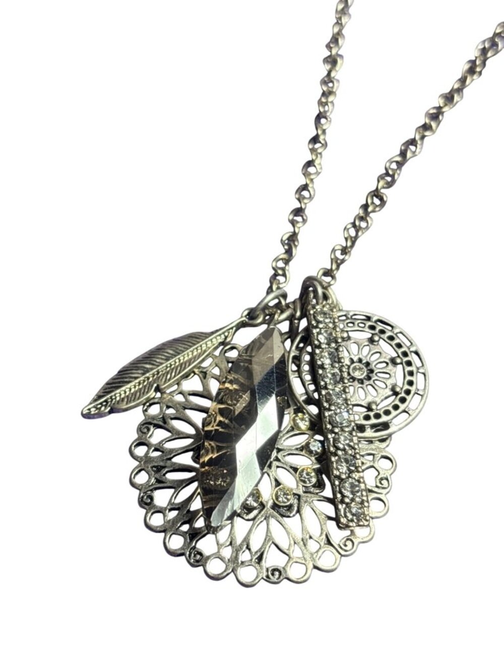 Silvertone Charm Pendant Necklace Circle Medallions Clear Rhinestones Feather
